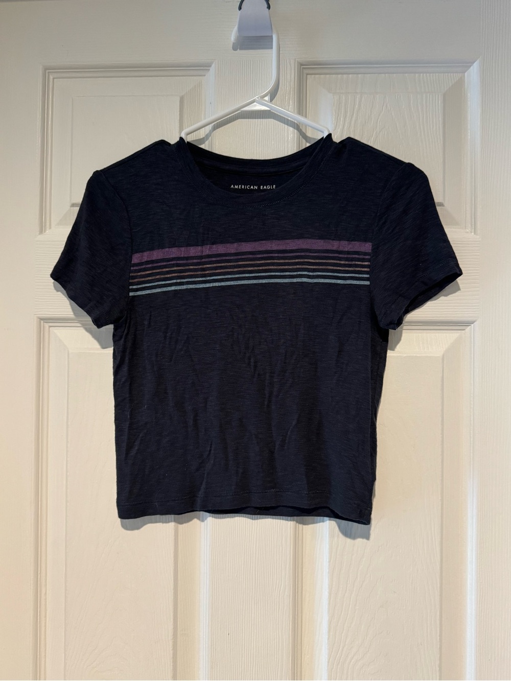 American Eagle Outfitters Navy Cropped Tee with Purple and Light Blue Stripes